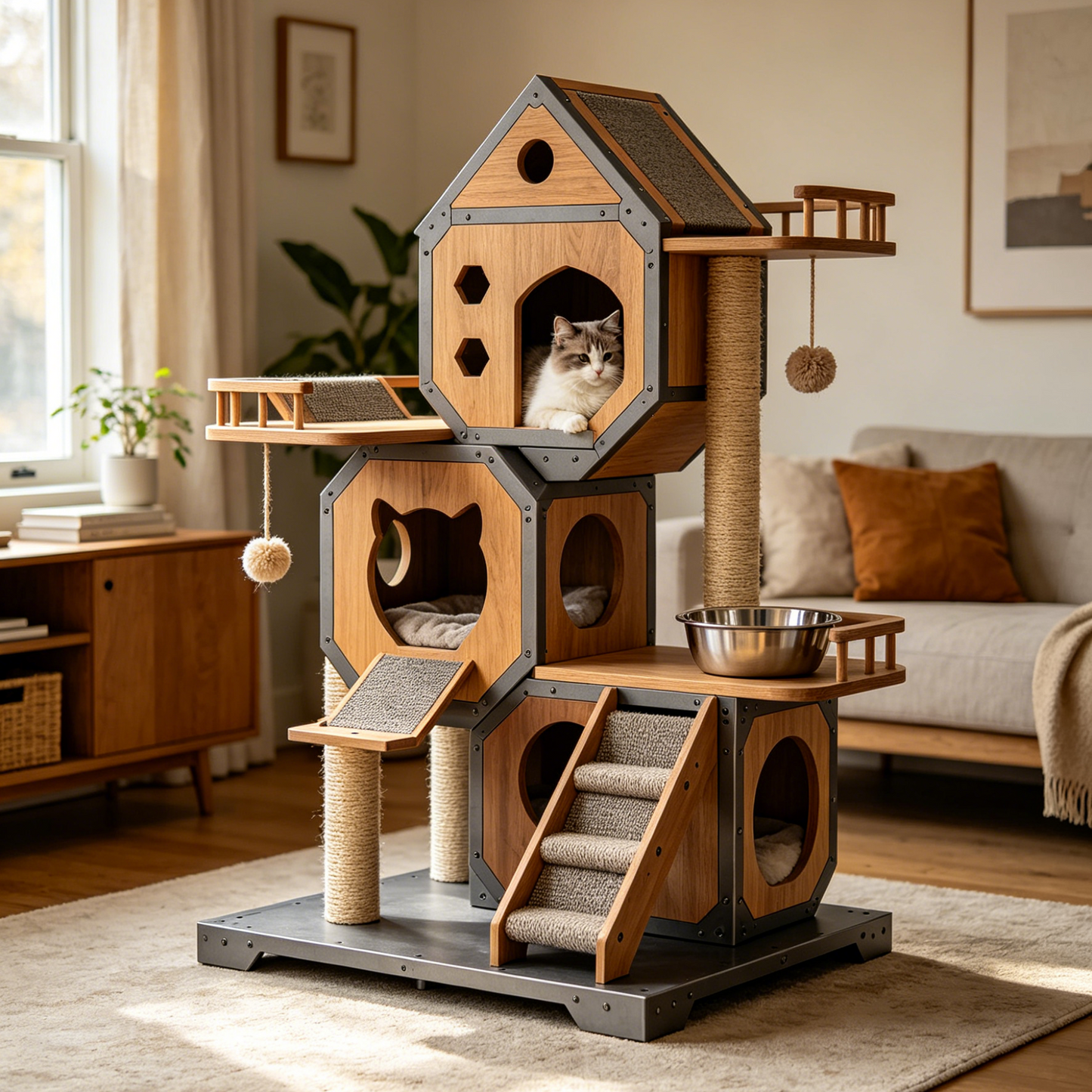 Industrial Modular Cat Tree | Sisal Scratchers, Feeding Bowl & Cat-Shaped Pods